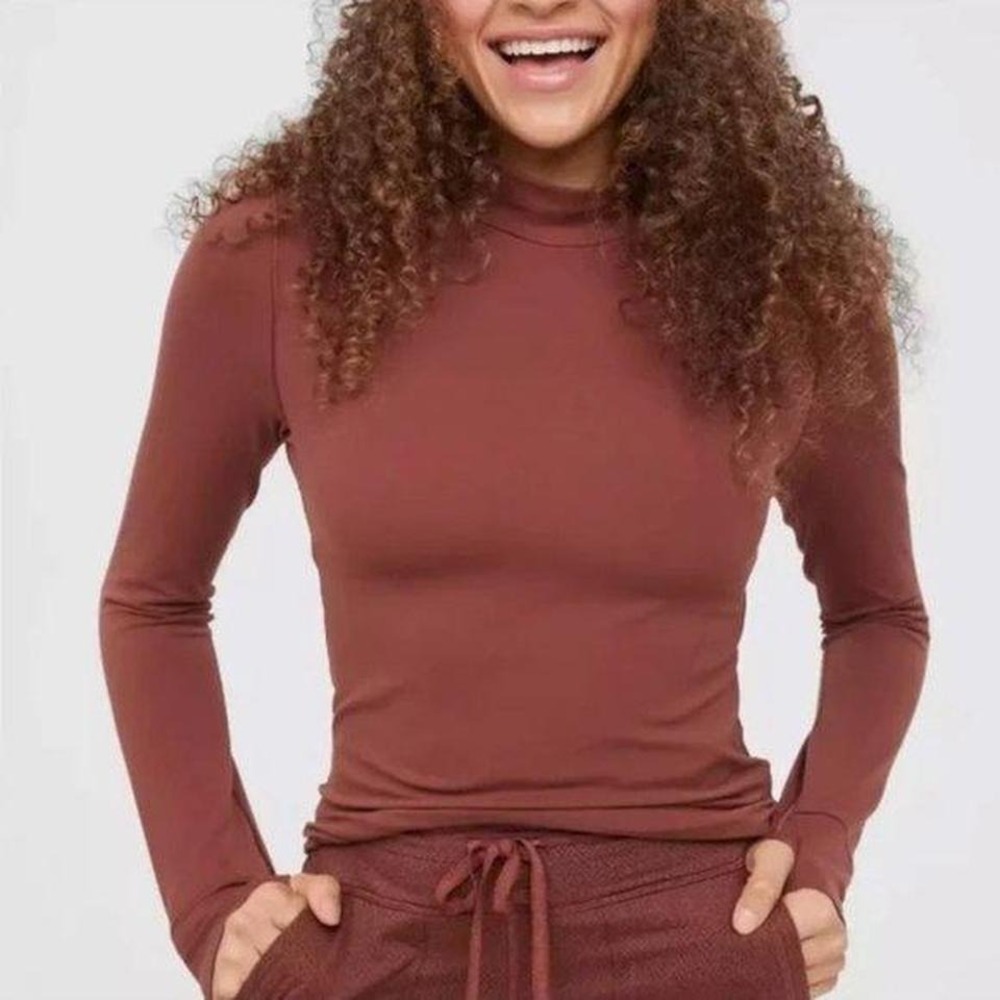 Aerie Offline Brown Mockneck Top Women's Size XS Long Sleeve Athleisure Winter
